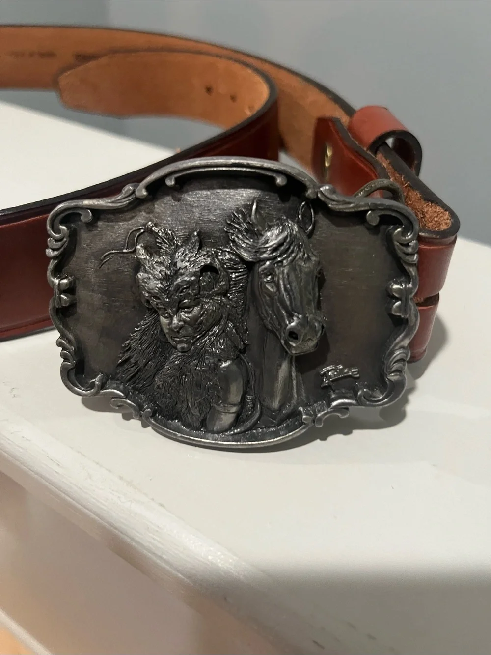 Vintage Artaffects Native American Chief Crazy Horse Pewter Belt Buckle 1989 USA
